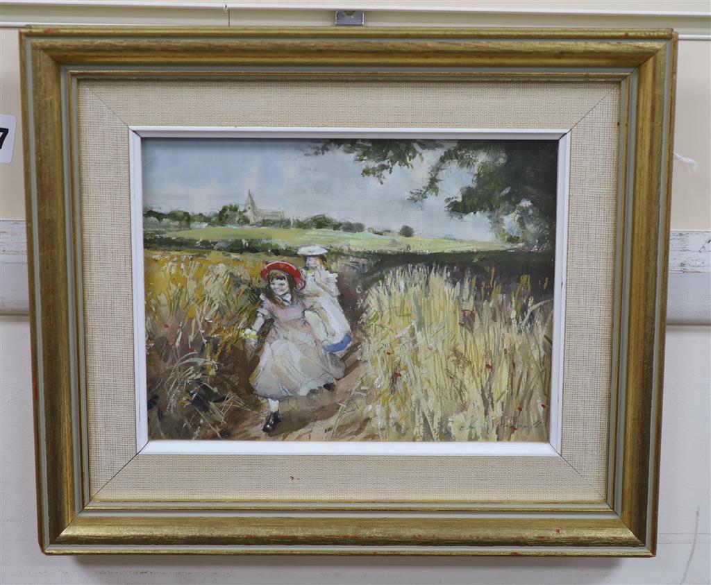 John Strickland Goodall R.I. (1908-1996), watercolour, Girls in a cornfield, signed, 14 x 18cm